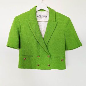 ZARA Cropped Double Breasted Green Short Sleeve Tweed Blazer